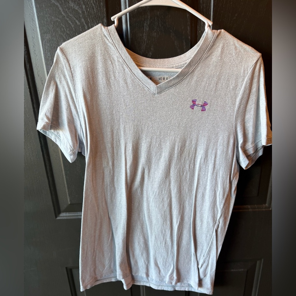 Under Armour Light Gray Tee with Purple Emblem